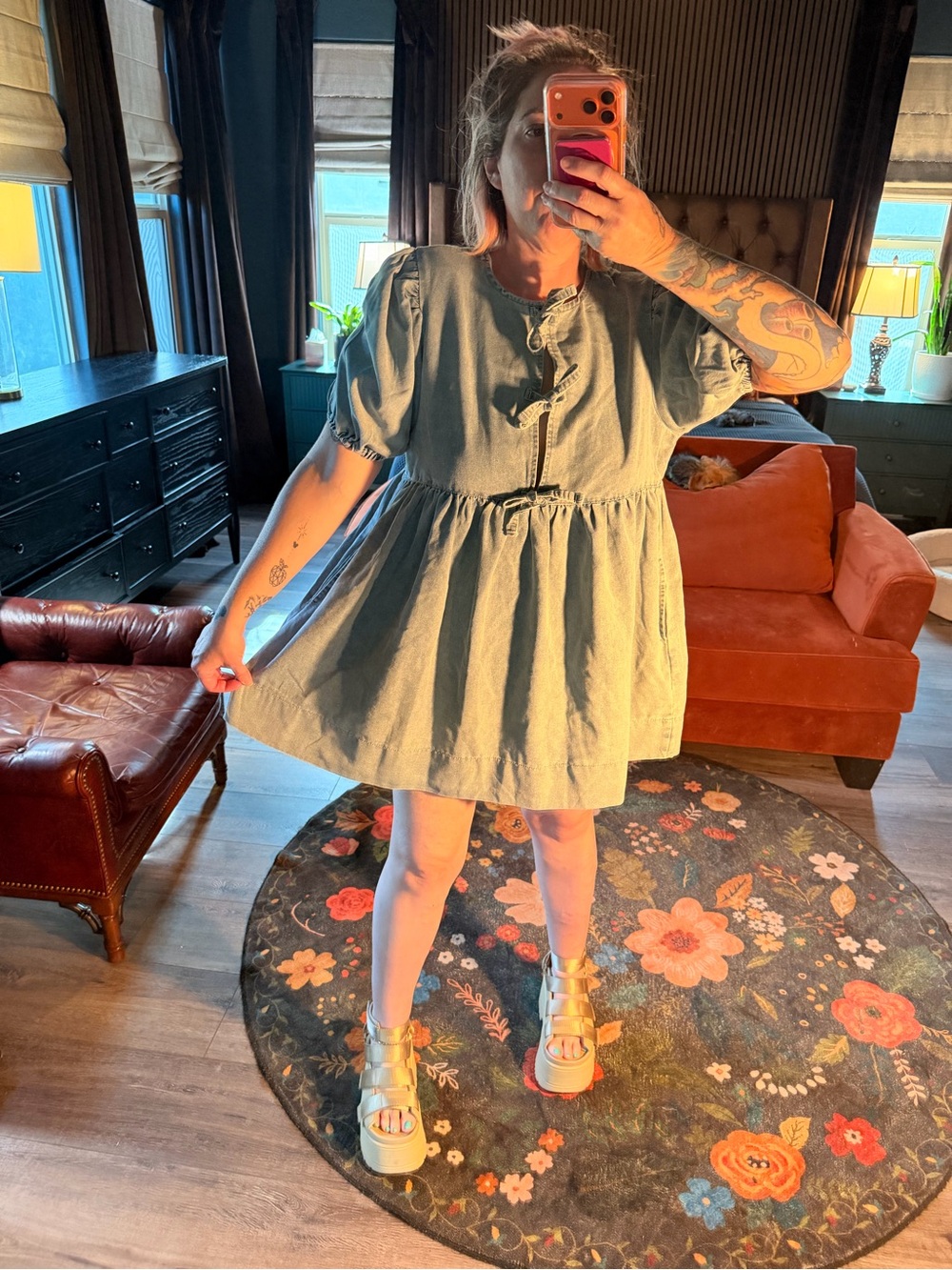 Casual Puff-Sleeve Mini Dress in Blue Denim